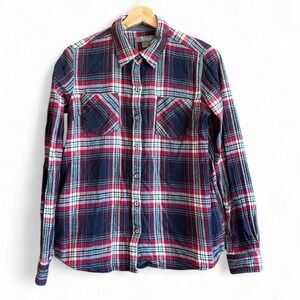 Natural Collections 100% Cotton Blue Red Plaid Flannel Button up Shirt Sz Small